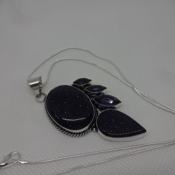 Sparkling "BLUE SUNSTONE & AMETHYST" Handmade Sterling Pendant/18" Chain #703 - Picture 3 of 3